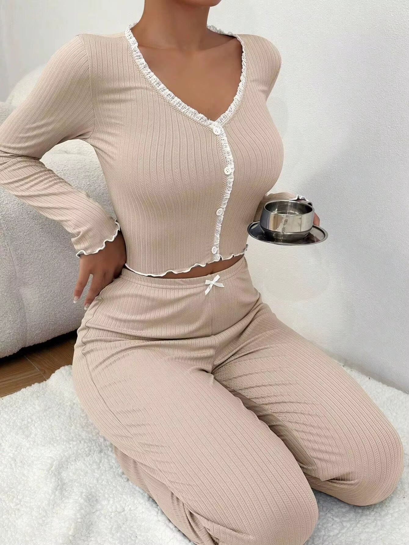 2025 Autumn Winter Homewear Pajamas Set for Women Long Sleeves Shirt Trousers 2 Pieces Sexy Lace Pijamas Sleepwear Loungewear