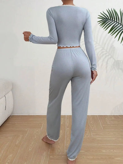2025 Autumn Winter Homewear Pajamas Set for Women Long Sleeves Shirt Trousers 2 Pieces Sexy Lace Pijamas Sleepwear Loungewear